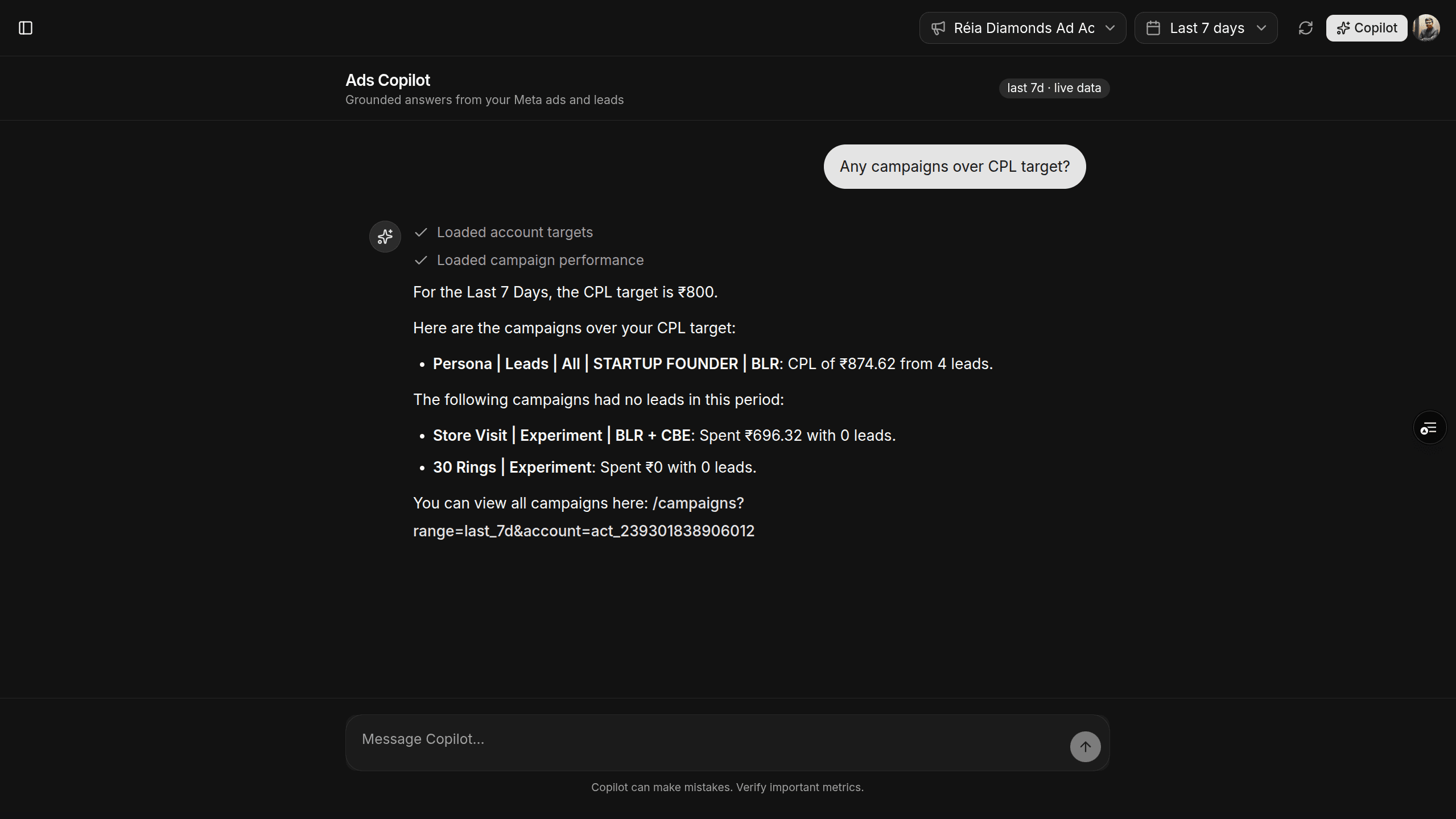 Peergrowth Pulse Ads Copilot answering from live Meta data