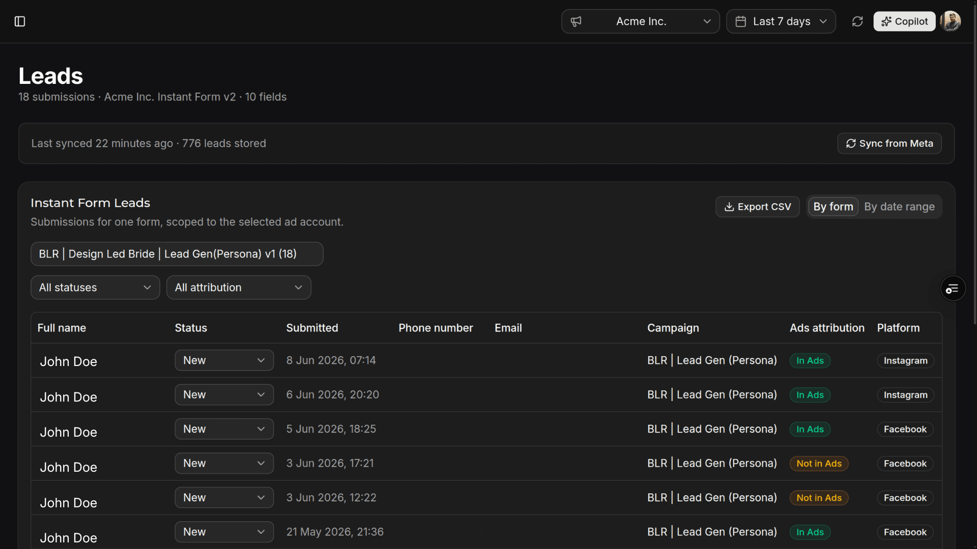 Peergrowth Pulse lead pipeline synced from Meta instant forms