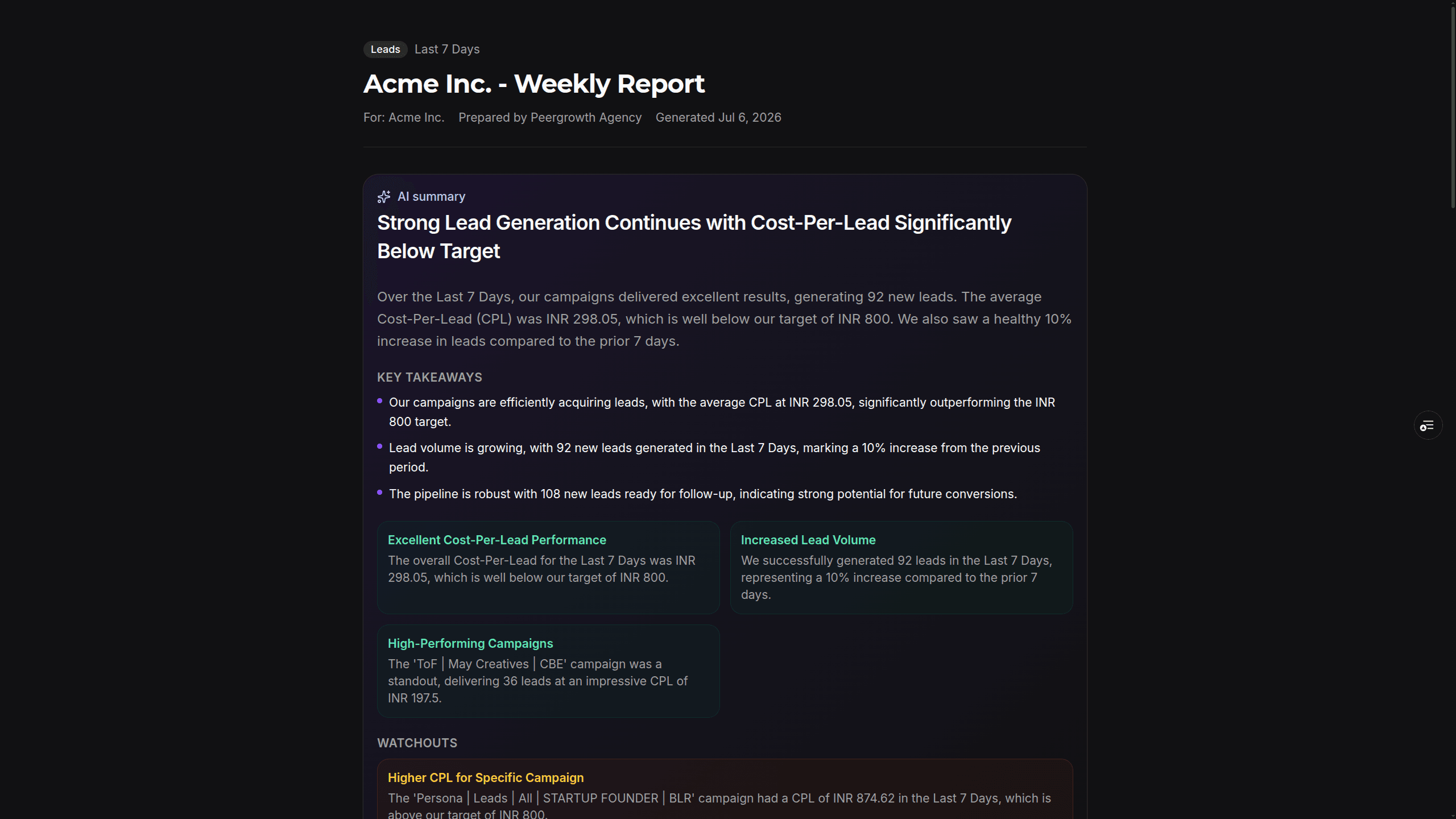 Peergrowth Pulse shareable client report with AI summary